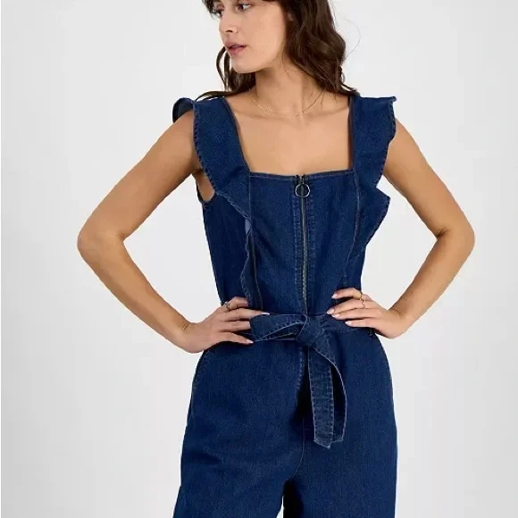19. Tinseltown Blue Jumpsuit with Wide-Leg Palazzo Style Size Large - Picture 2 of 13